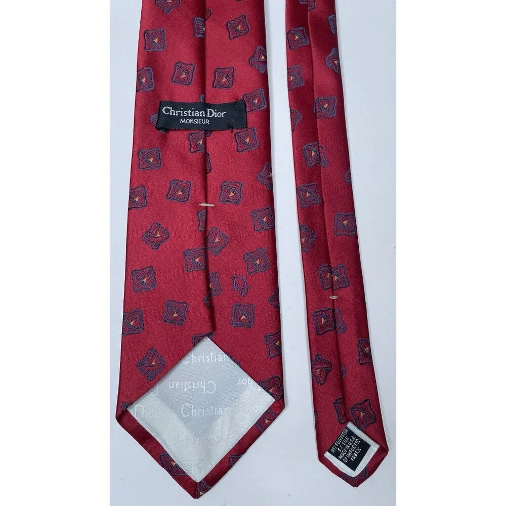 Vintage Dior Red Tie Abstract Floral Geometric Pattern 58”